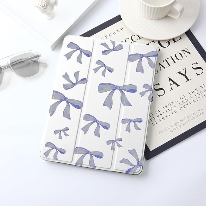 JOYLAND Blue Bow Pad Case for iPad 5th/6th Generation with Pencil Holder - Auto Wake/Sleep Anti-Scratch Shockproof Premium Folio Stand Case for iPad 9.7 inch
