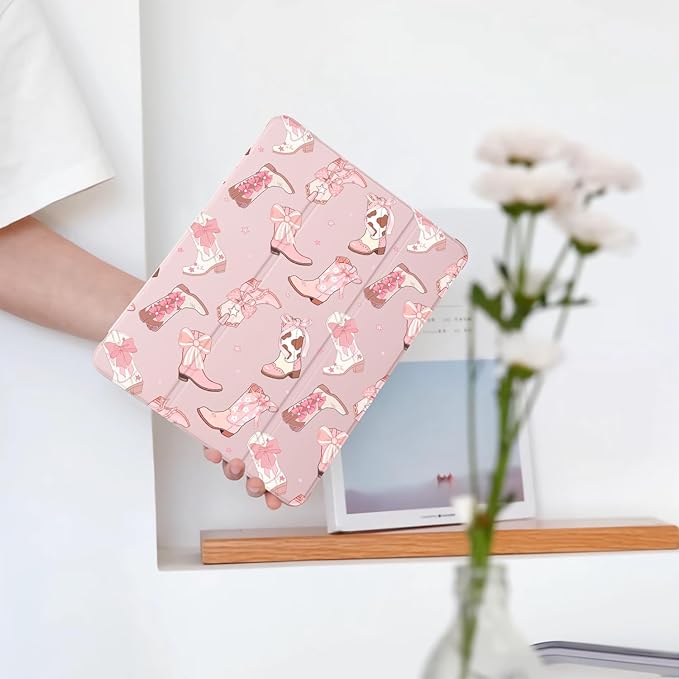 Cute Cowgirl Boots Ribbon Bow for iPad Pro 11 Inch Case (M5/M4) 2025/2024 with Pencil Holder Auto Sleep/Wake Pink Leather Soft TPU Back Cover