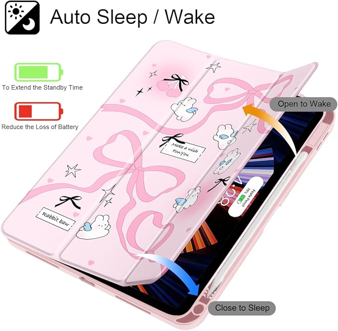 Mektron for 11th Generation iPad 11-inch A16 chip 2025 Cover with Pencil Holder Fit 10th Generation iPad 10.9-inch A14 chip 2022 Shockproof Clear Shell Pink Bows-Rabbits