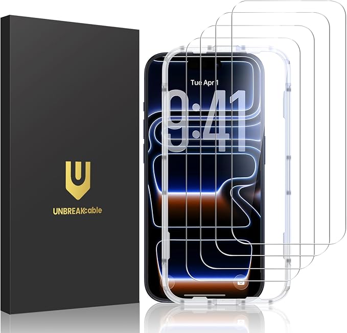 UNBREAKcable 4-Pack Screen Protector for iPhone 17 Pro Double Shatterproof Tempered Glass [Easy Installation Frame] [9H Hardness] [99.99% HD Clear] [Case Friendly] for iPhone 6.3 inch