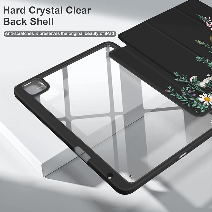 Batianda Hybrid Case for 11-inch iPad Air 2024 M2 Chip/iPad Air 5th/4th 10.9 inch [Built-in Pencil Holder] Shockproof Cover with Clear Transparent Back Shell TPU BumperPlants