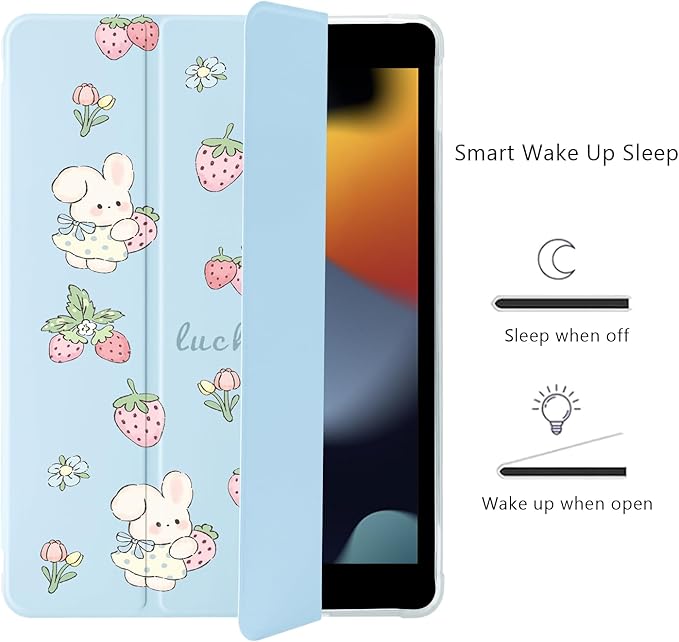Cute Kawaii Bunny Strawberry for iPad Air5/Air4 Case with Pencil Holder Auto Sleep/Wake Blue Leather Soft TPU Back Cover for iPad 10.9 Inch 2022/2020
