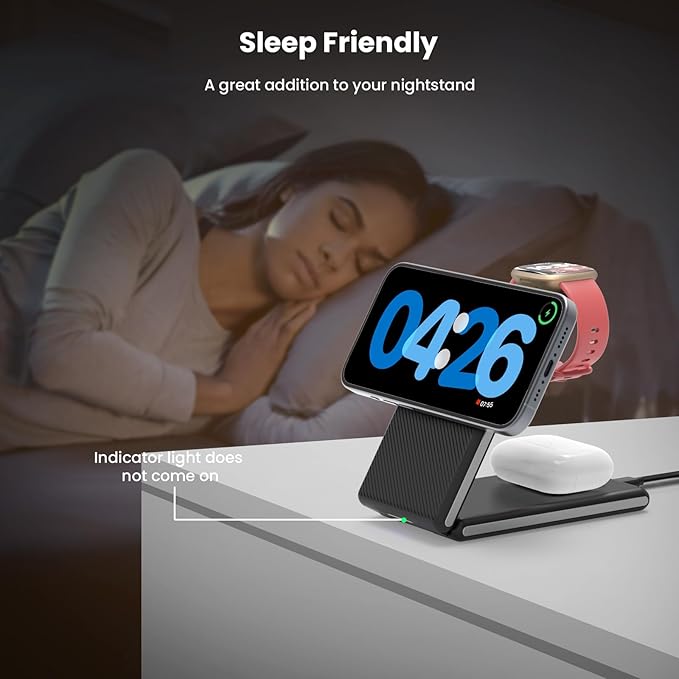 GEEKERA 3 in 1 Magnetic Wireless Charging Station for Fitbit Watch Foldable Wireless Charger Stand for iPhone 16/15/14/13/12 Pro Max Fitbit Watch Versa 4/Versa 3/Sense 2/Sense AirPods 3/2/Pro
