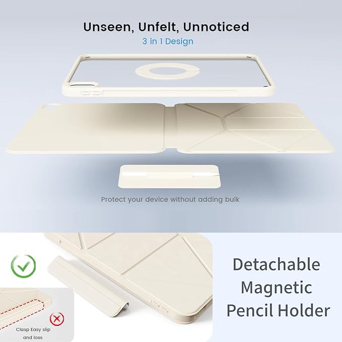 for iPad A16 Case 11th Generation 11 Inch 2025 for iPad 10th Generation Case 10.9 Inch 2022 with Pencil Holder Folio Stand Cover Clear Back Magnetic Attachment Multi Angles Cream White
