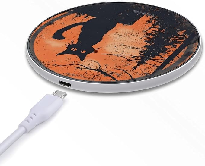 Vintage Halloween Black Cat Fast Portable Charger 10W Funny Graphic Phone Charging Pad with USB Cable