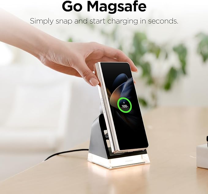 mooas Crystal Lamp 3 in 1 Mag-safe Wireless Charging Stand (Black) 2 Color Nightlight 3 in 1 wireless charger Compatible with iPhone 12/13/14/15 Galaxy S21 S22 S23 S24 Apple watch Galaxy watch
