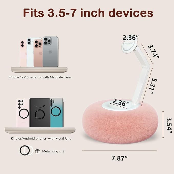 Upgraded Magnetic Kindle Holder for Bed Dual-Axis 360° Adjustable Pillow Stand with Bowl &amp Suction Cup Base Compatible with 3.5–7 Kindle E-Reader iPhone &amp Android Phones Pink