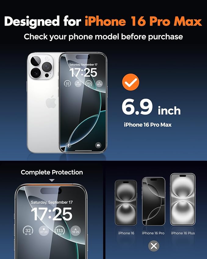UNBREAKcable iPhone 16 Pro Max Screen Protector 3-Pack 3 Tempered Glass + 3 Camera Lens Protectors 9H Hardness HD Clarity Anti-Fingerprint Case Friendly 6.9 Inch