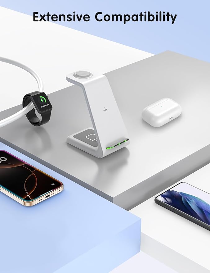 Charging Station for iPhone and Apple Watch: 3 in 1 Wireless Phone Charger Stand for iPhone 17 16 15 14 13 12 11 Pro Max &amp AirPods Bedside Nightstand Docking
