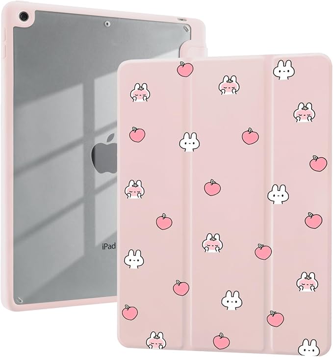 Cute Peach Bunny Case for iPad Pro 13 Inch M4(2024) 7th Genaration with Pencil Holder Trifold Stand Pink Leather Girly Cover Clear Back Shell Auto Wake/Sleep
