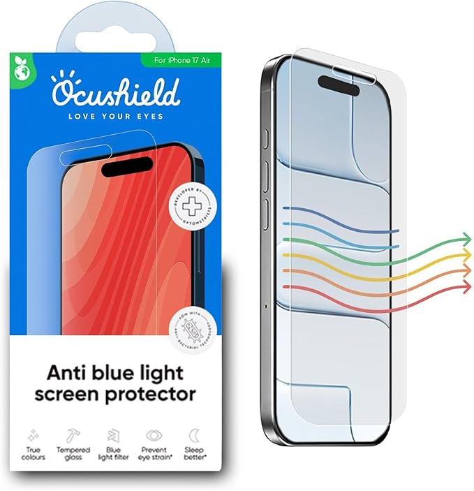 Ocushield Screen Protector for iPhone 17 Air – Blue Light Tempered Glass Blue Light Filter 95% Transparency Bubble-Free Install Scratch-Resistant Case Friendly