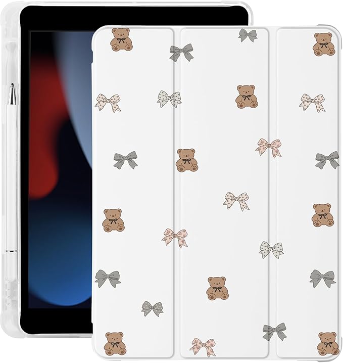 Cute Kawaii Bow Bear for iPad Air 13 Inch Case M3 2025/M2 2024 with Pencil Holder Auto Sleep/Wake White Leather Soft TPU Back Cover
