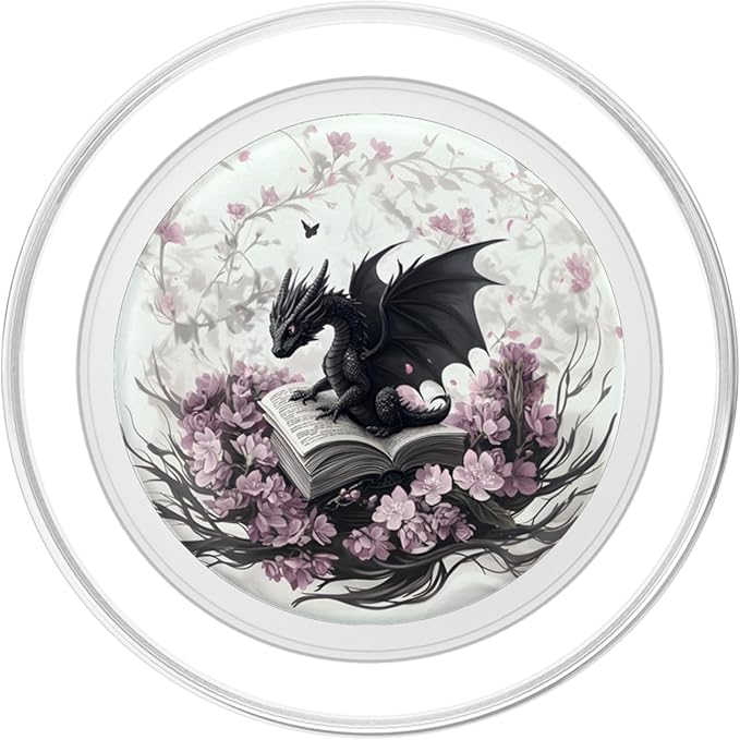 Ethereal Dragon on Book with Pink Flowers Dark Fantasy Art PopSockets PopGrip for MagSafe
