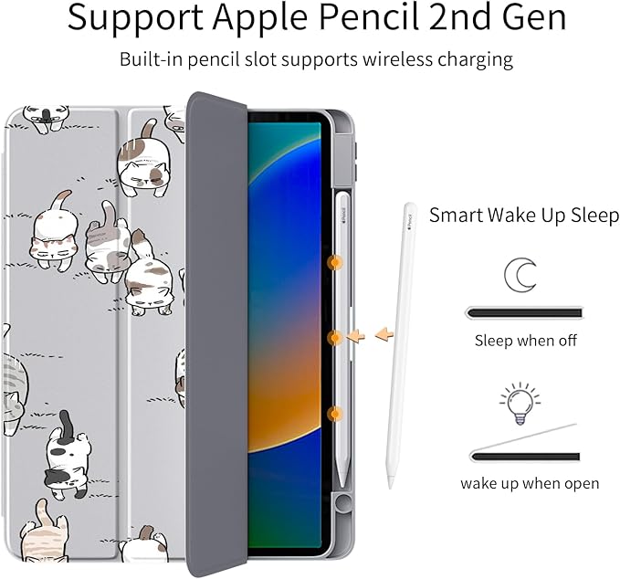 Cute Kawaii Cat for iPad Air 13 Inch Case 2024 with Pencil Holder Foldable Grey Leather Cover Case Support Auto Sleep Wake