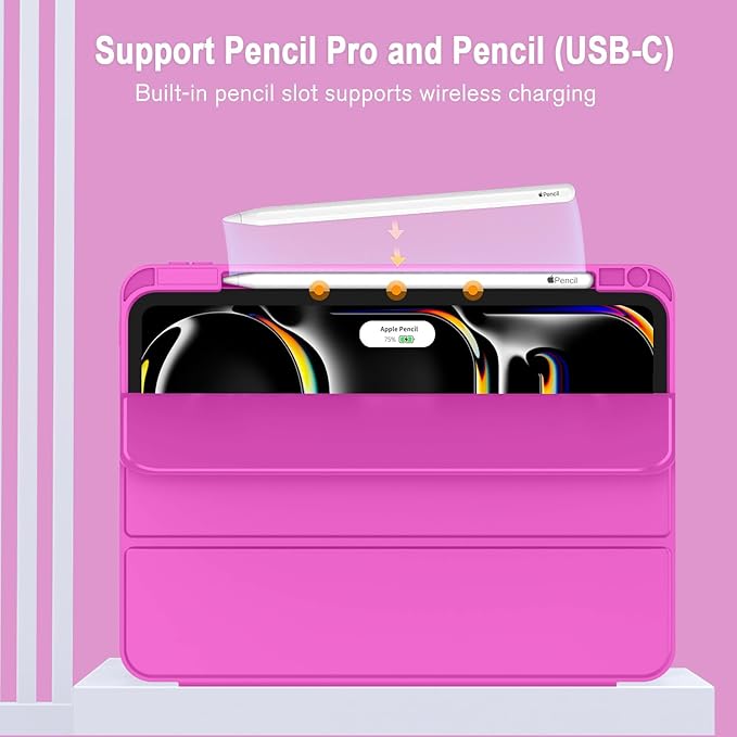 ZryXal iPad Pro 11 Inch Case (M5) 2025/ (M4) 2024 (Model: A2836/A2837/A3006) Trifold Stand Smart Cover with Pencil Holder and Soft TPU Back Auto Wake/Sleep (Deep Pink)