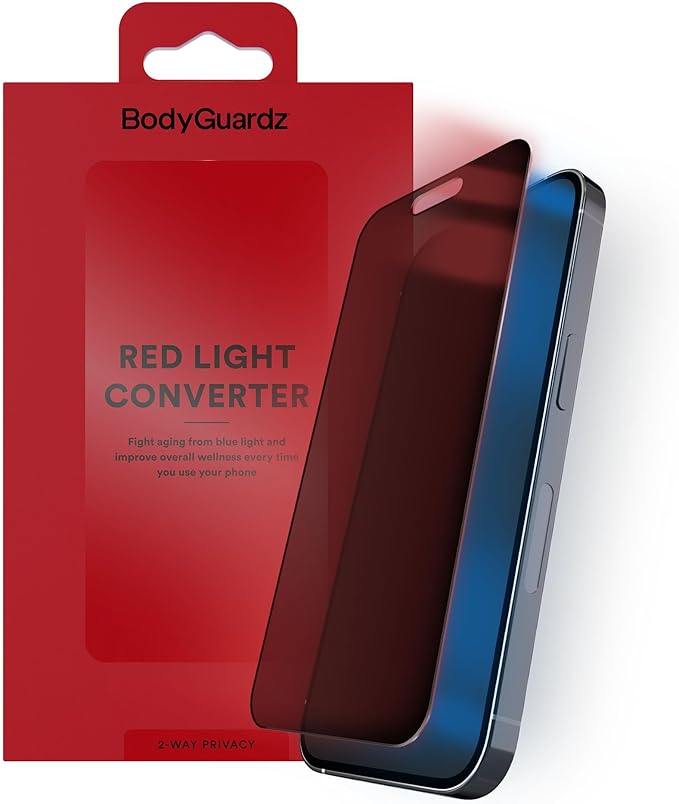 BodyGuardz Red Light Converter Privacy Screen Protector – Passive Red Light Therapy for Face - Promotes Better Sleep Healthier Skin Reduced Eye Strain - Privacy Glass Easy Install (iPhone 14 Pro Ma