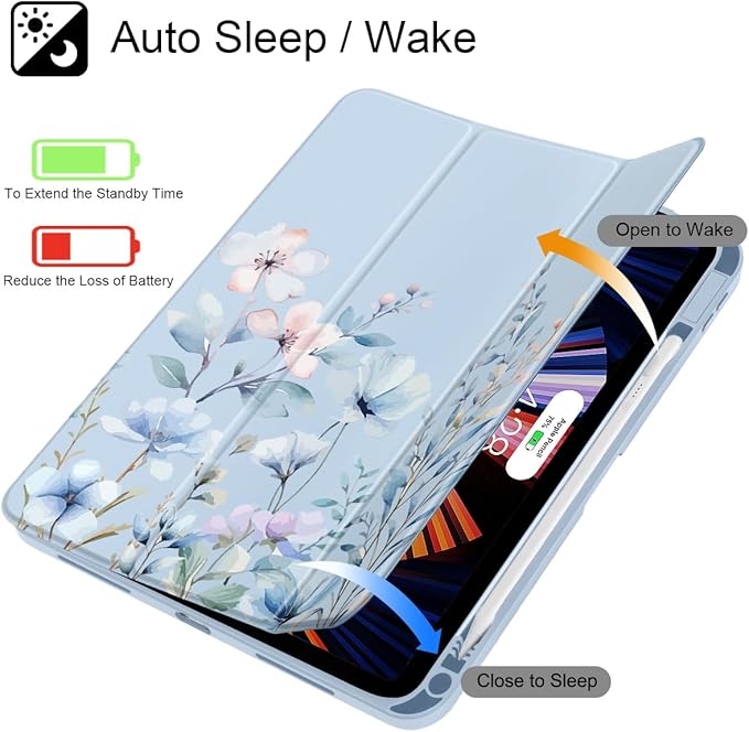 May Chen for iPad Air 11-inch M4/M3/M2 (2026/2025/2024) iPad Air 5th/4th 10.9 Inch - Shockproof Cover with Clear Back Shell &amp Penceil Holder Auto Wake/Sleep Stand Cover Blue Flowers
