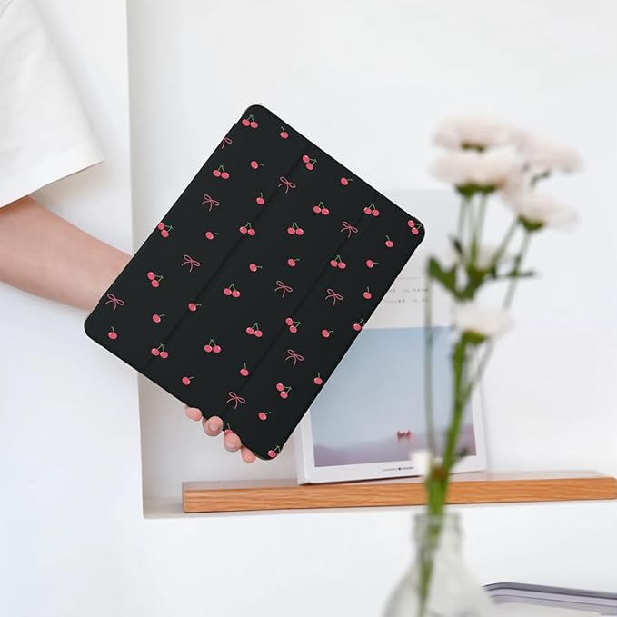 Cute Kawaii Cherry Bow for iPad Air 11 Inch Case 7th/6th Generation (M3/M2) 2025/2024 with Pencil Holder Auto Sleep/Wake Black Leather Soft TPU Back Cover