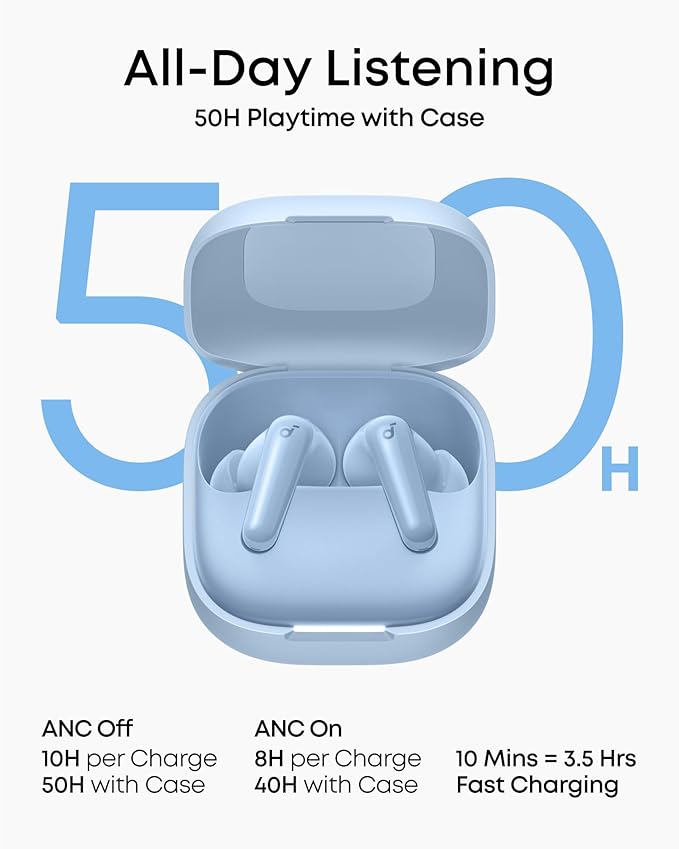 Soundcore P31i by Anker Real-Time Adaptive Noise Cancelling Hi-Res Sound Translation Earbuds 50H Playtime Wireless Earbuds Bluetooth Earphones Spatial Audio Fast Charging IP55 (Light Blue)