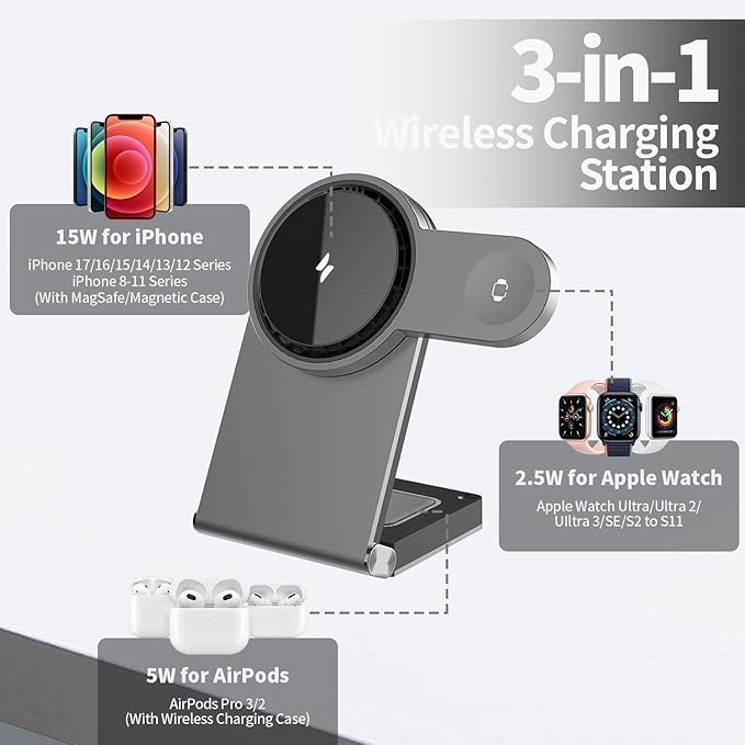 3 in 1 Wireless Charging Station 15W Fast Charging MagSafe Qi2 Certified for iPhone 16/15/14 Apple Watch Ultra AirPods Pro 2
