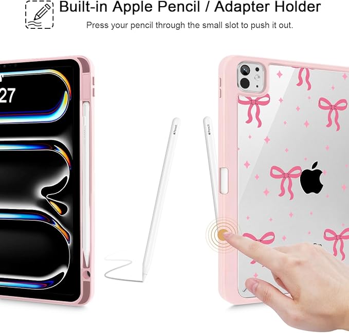 May Chen Case for iPad Pro 11-Inch M5/M4 2025/2024 (6th/5th Generation) [Penceil Holder] Trifold Stand Auto Wake/Sleep Clear TPU Protection Back Cover Pink Boots Bows