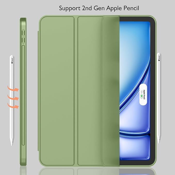 iMieet iPad Air 11 Inch Case M4/M3/M2(2026/2025/2024) iPad Air 5th/4th Generation Case 2022/2020 10.9 Inch with Pencil HolderTrifold Stand Smart Case with Soft TPU Back(Olive Green)