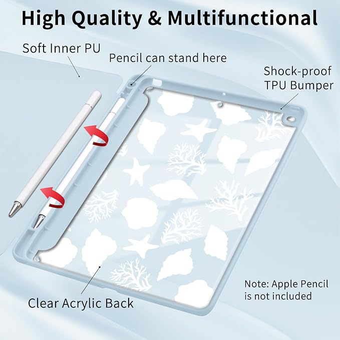 Blue Ocean Seashell Case for iPad Air 13 Inch M2/M3(2024/2025) with Pencil Holder Cartoon Girly Leather Clear Back Shell Foldable Protective Cover