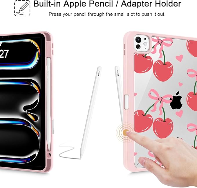 Mektron Case for M5/ M4 iPad Pro 11 inch 2025/2024 with Pencil Holder Compatible Models: A3357/A3358/A3359/A2836/A2837/A3006 Shockproof Cover Clear Shell Cherries Bows C353