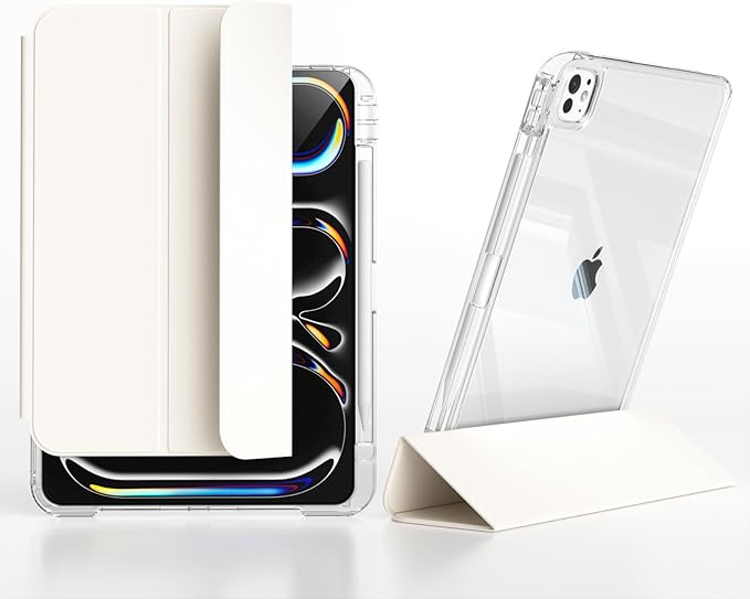 Case for iPad Pro 11 Inch 4th/3rd/2nd Generation (2022/2021/2020) with Pencil Holder Slide to Separate Auto Sleep/Wake Detachable Trifold Stand Slim Clear Cute Protective Leather Cover (Cream)