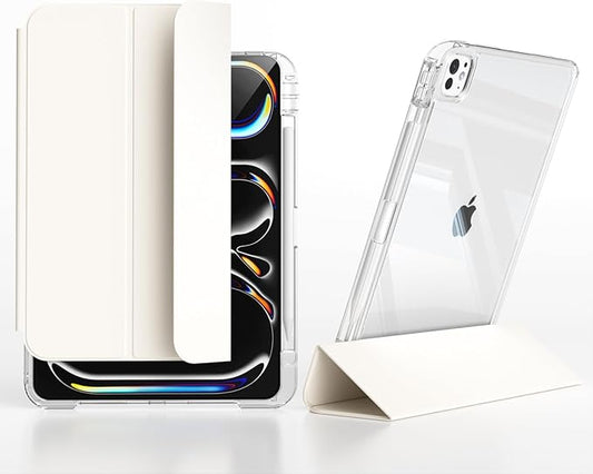 Case for iPad Pro 11 Inch 4th/3rd/2nd Generation (2022/2021/2020) with Pencil Holder Slide to Separate Auto Sleep/Wake Detachable Trifold Stand Slim Clear Cute Protective Leather Cover (Cream)