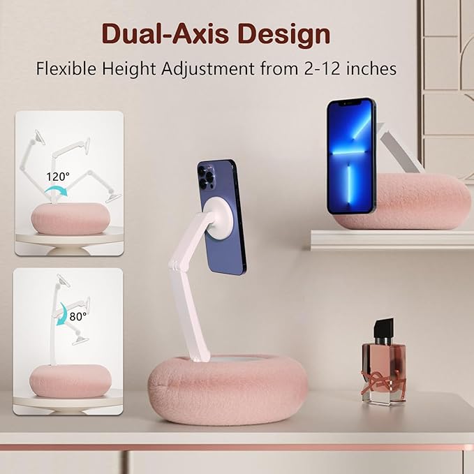 Upgraded Magnetic Kindle Holder for Bed Dual-Axis 360° Adjustable Pillow Stand with Bowl &amp Suction Cup Base Compatible with 3.5–7 Kindle E-Reader iPhone &amp Android Phones Pink