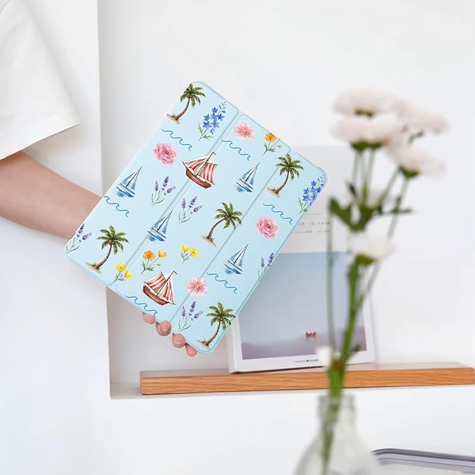 Cute Palm Tree Flower for iPad Air 13 Inch Case M3 2025/M2 2024 with Pencil Holder Auto Sleep/Wake Blue Leather Soft TPU Back Cover