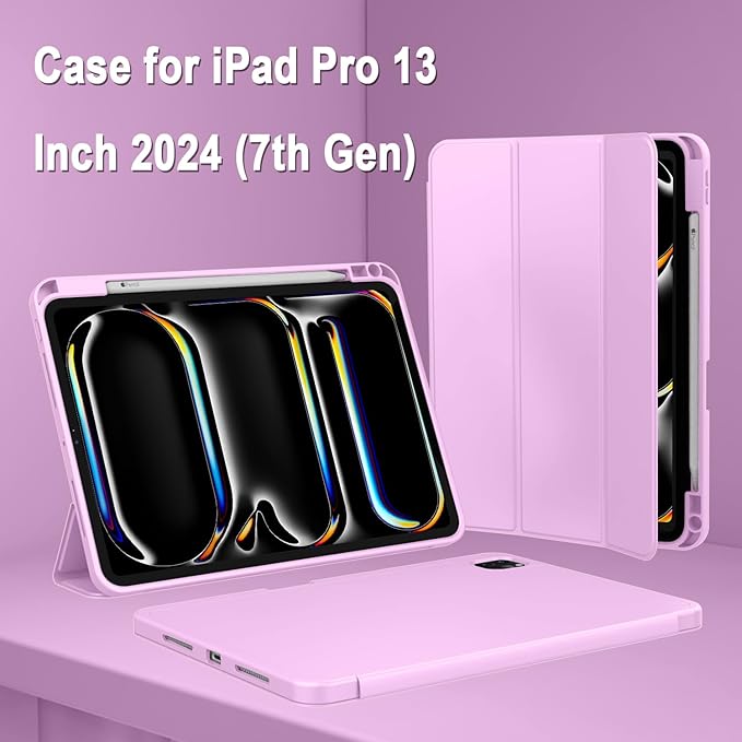 ZryXal New iPad Pro 13 Inch Case (M5) 2025 / (M4) 2024 with Pencil Holder Smart iPad Case [Support Pencil Pro and Pencil (USB-C)] Support Touch ID and Auto Wake/Sleep (Pastel Violet)