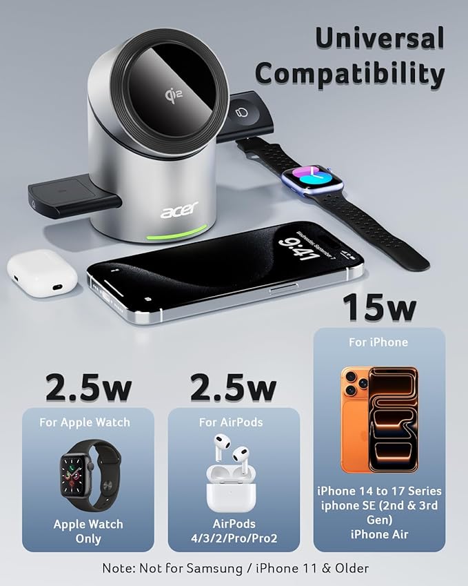 Acer Prime 3 in 1 Charging Station for Apple - Qi2 15W iPhone Wireless Charging Station Magsafe Charger Stand for iPhone 17 16 15 14 13 12 - Apple Watch - Airpods Series (Charger &amp USB-C Included