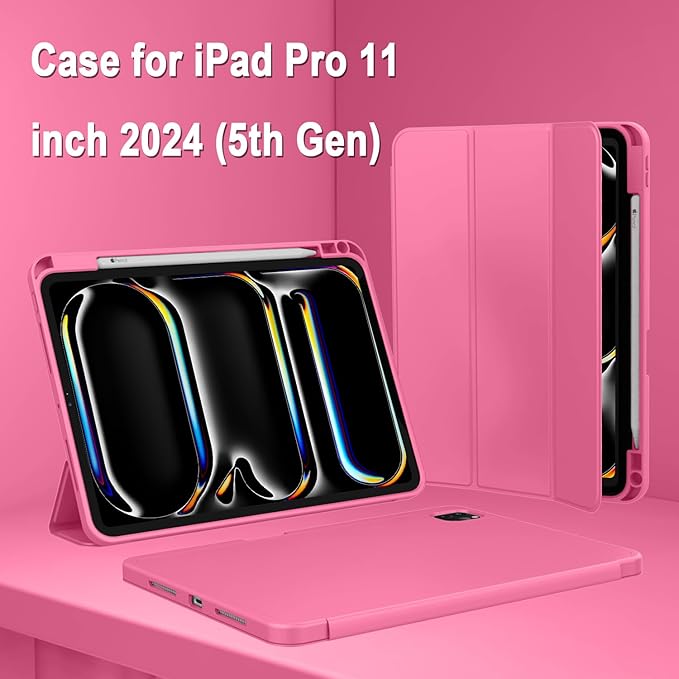 ZryXal iPad Pro 11 Inch Case (M5) 2025/ (M4) 2024 (Model: A2836/A2837/A3006) Trifold Stand Smart Cover with Pencil Holder and Soft TPU Back Auto Wake/Sleep (New Peach Red)