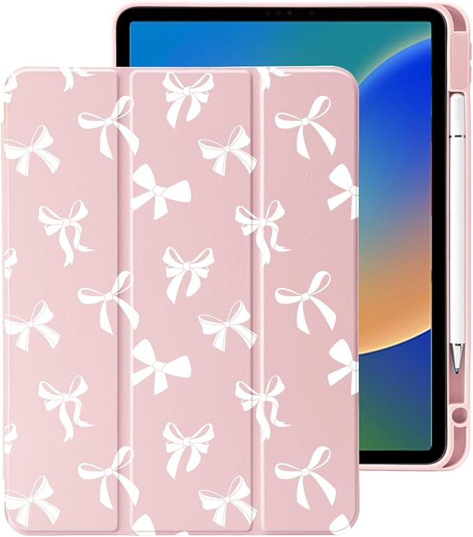 Cute Kawaii White Bow for iPad Air 11 Inch Case 7th/6th Generation (M3/M2) 2025/2024 with Pencil Holder Auto Sleep/Wake Pink Leather Clear Acrylic Back Cover
