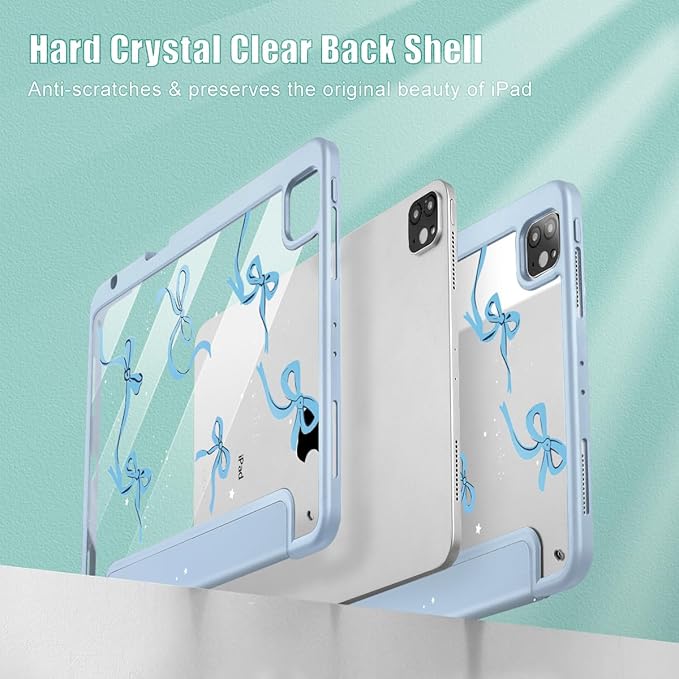 May Chen for iPad Pro 11 inch M2 4th Generation 2022 iPad Pro 11 3rd/2nd/1st Gen Case with Transparent Shockproof Back Cover [Built-in Pencil Holder Auto Sleep/Wake Bows Blue
