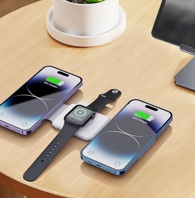 D-Choice 3-in-1 Magnetic Wireless Charger – Compatible with Smartphones Watches and Bluetooth Headphones – 15W Fast Charging Compact Design (White)