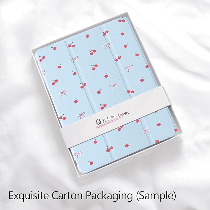 Cute Kawaii Cherry Bow for iPad mini 7 A17 Pro 2024/iPad Mini 6 Case with Pencil Holder Auto Sleep/Wake Blue Leather Soft TPU Back Cover