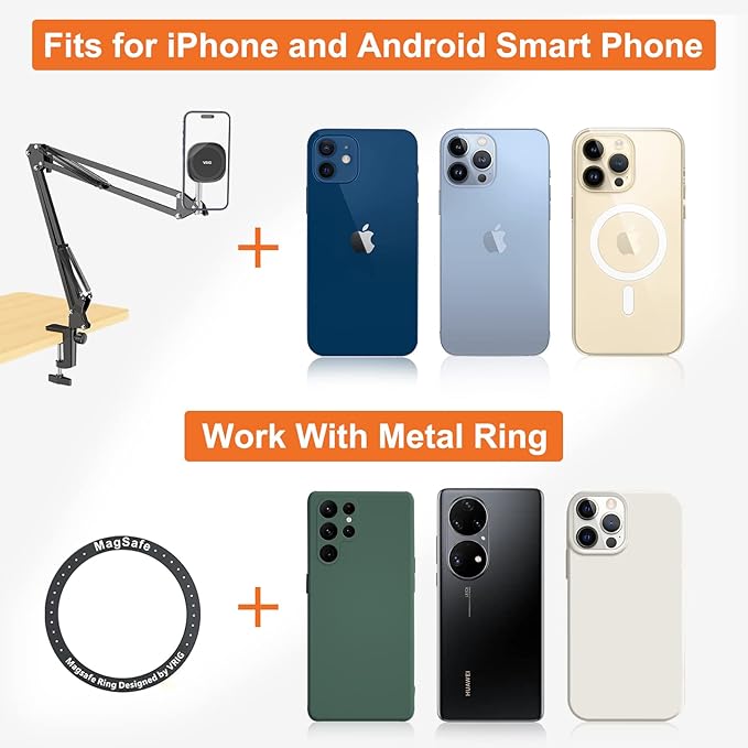VRIG Overhead Phone Mount Stand with Magsafe Articulating Arm Cell Phone Holder for Desk Cell Phone Holder for Live Streams Zoom Calls Online Teaching Selfies Remote Working