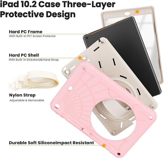 for iPad 9th Generation 2021/ iPad 8th Generation 2020/ iPad 7th Generation 2019 Case with Screen Protector Pencil Holder [360° Rotating Hand Strap] &amp Stand for iPad 10.2 inch (Pink)