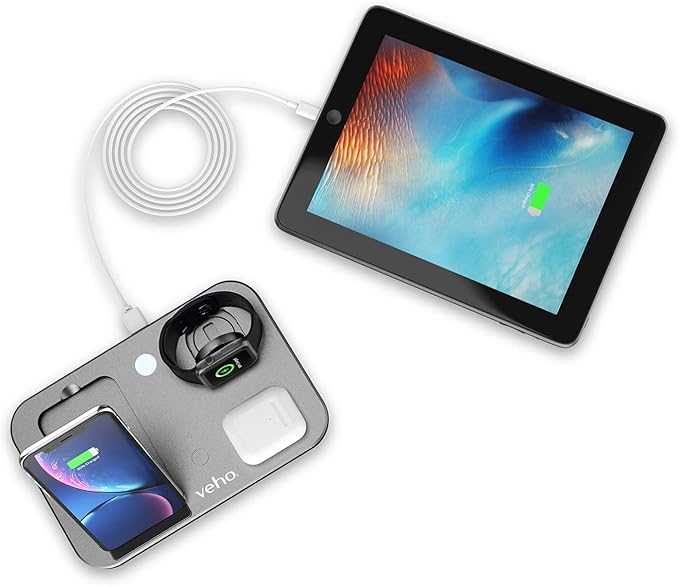 Veho DS-7 Wireless Multi-Charging Station | Qi Wireless Charging | Charges 3 Devices | Output 5W/7.5W/10W | Compatible with Smartphone Phones Apple Watch Airpods and More