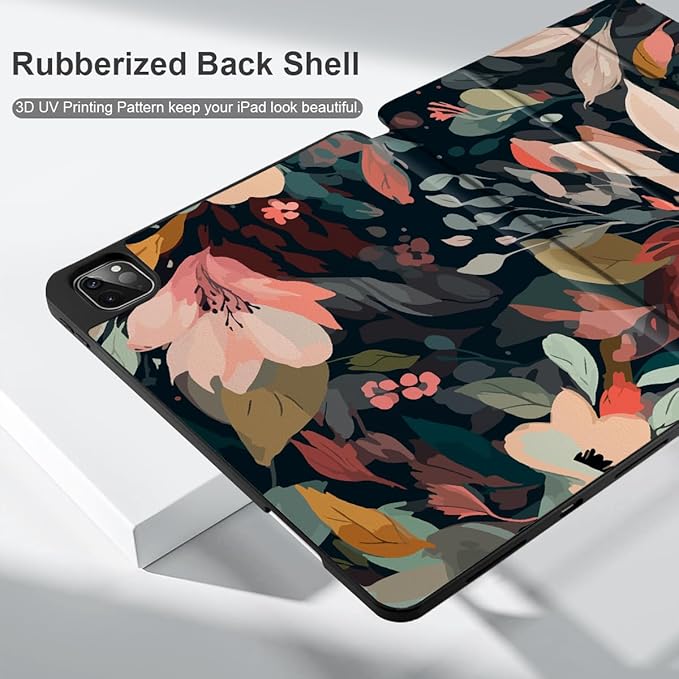 DONGKE Case for 2022/2021/2020/2018 iPad Pro 11 inch Gen 4/3/2/1 - Slim Protective Case - Built in Pencil Holder Support Charging - Trifold Stand &amp Sleep/Wake Cover - Painted Florals