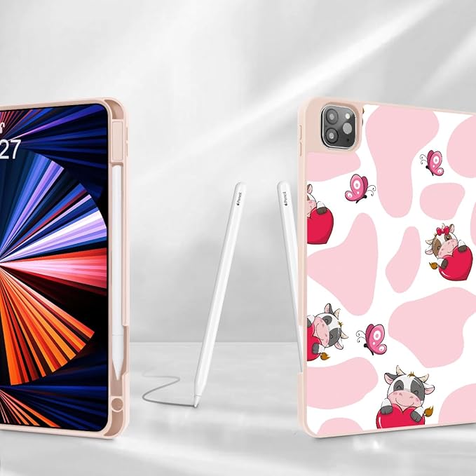 Mektron for iPad Pro M2 11-inch 4th/ 3rd/ 2nd/ 1st Gen Case 2022 2021 2020 2018 with Pencil Holder Tablet Cover with Soft TPU Back Cover for 11 inch iPad Pro Butterfly Cow