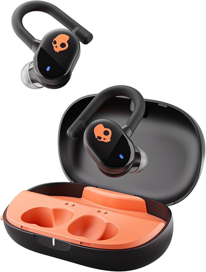 Skullcandy Push Play Active Wireless Earbuds Bluetooth Headphones Noise Isolating Fit 34 Hrs Battery Secure-Fit Over-Ear Hanger Sweat Water Resistant Microphone for iPhone Android - Black/Orange