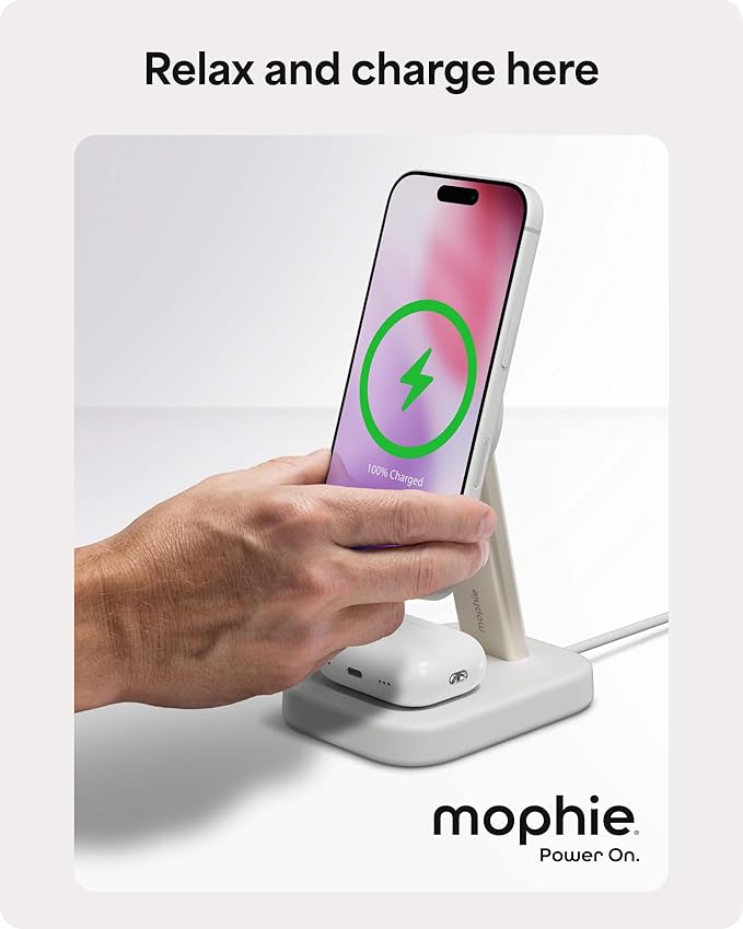 Mophie 2-in-1 Wireless Charging Stand - Qi2-Certified MagSafe Charger for iPhone &amp AirPods – Fast Charging Station with Adjustable Phone Stand &amp Cable Management – Up to 15W Power