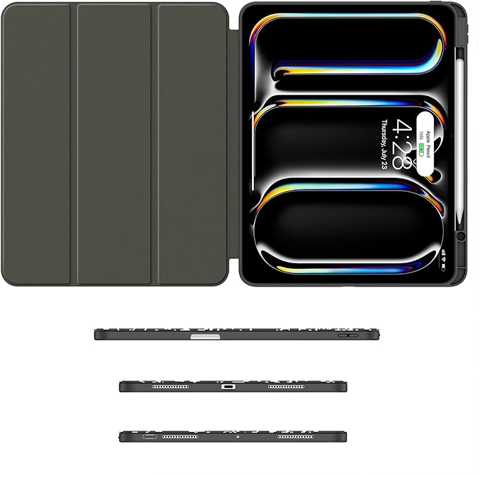 Soke Case for New iPad Pro 13 Inch (M5/M4 2025/2024 Release) with Pencil Holder Trifold Stand Shockproof [Support Apple Pencil Charging + Auto Wake/Sleep] Soft TPU Back Cover Book Black