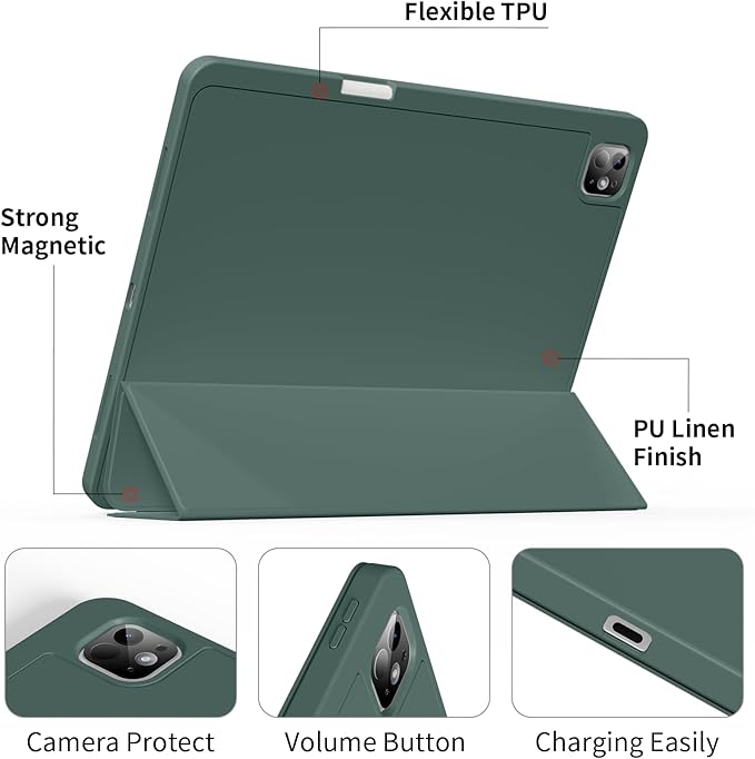 for iPad Pro 13 inch Case (M5/M4) 2025/2024 Slim Protective Cover with Pencil Holder Soft TPU Back Cover Trifold Stand Auto Wake/Sleep A2925 A2926 A3007 A3362 A3359 (Dark Green)