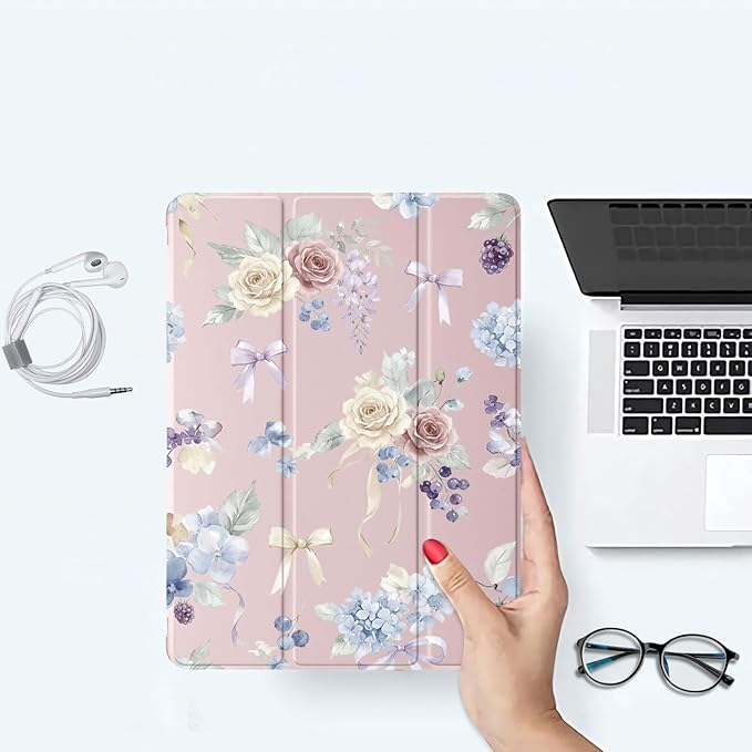 Pretty Flowers Case for iPad Air 13 (M3) 2025/ (M2) 2024/iPad Pro 12.9 2022/2021 Protective CasePencil Holder &amp Clear Back &amp Trifold Cover for Women Scratchproof Cover