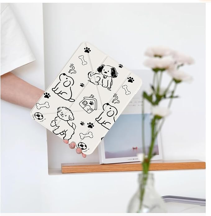 Cute Kawaii Puppy Dog for iPad Pro 11 Inch Case 4th/3rd/2nd Generation 2022/2021/2020 with Pencil Holder Auto Sleep/Wake White Leather Acrylic Back Detachable Cover
